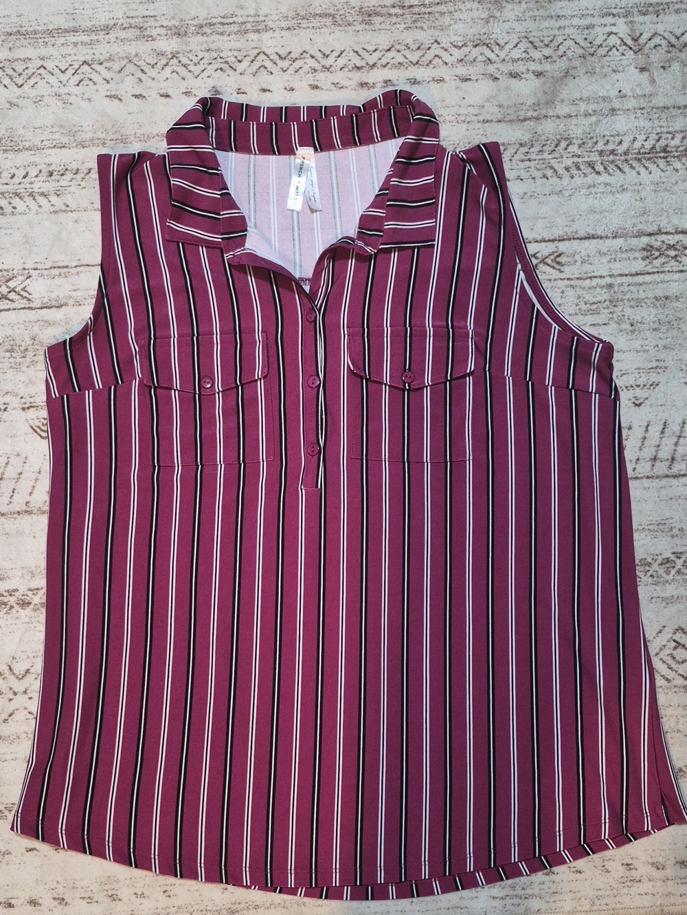Striped Collared Sleeveless Tank Top - Wine